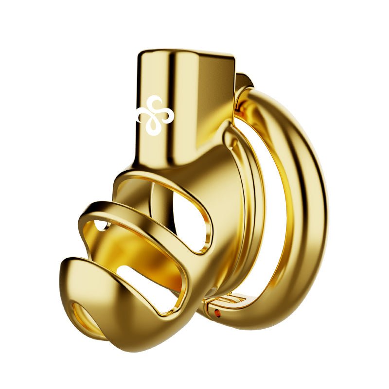Luxury Gold Stainless Steel Chastity Cage with 50mm Hinged Ring, Rhinoceros Horn Male Chastity Device with Dual Remote Control and Key Unlock System - Nightloom Sex Toy Shop
